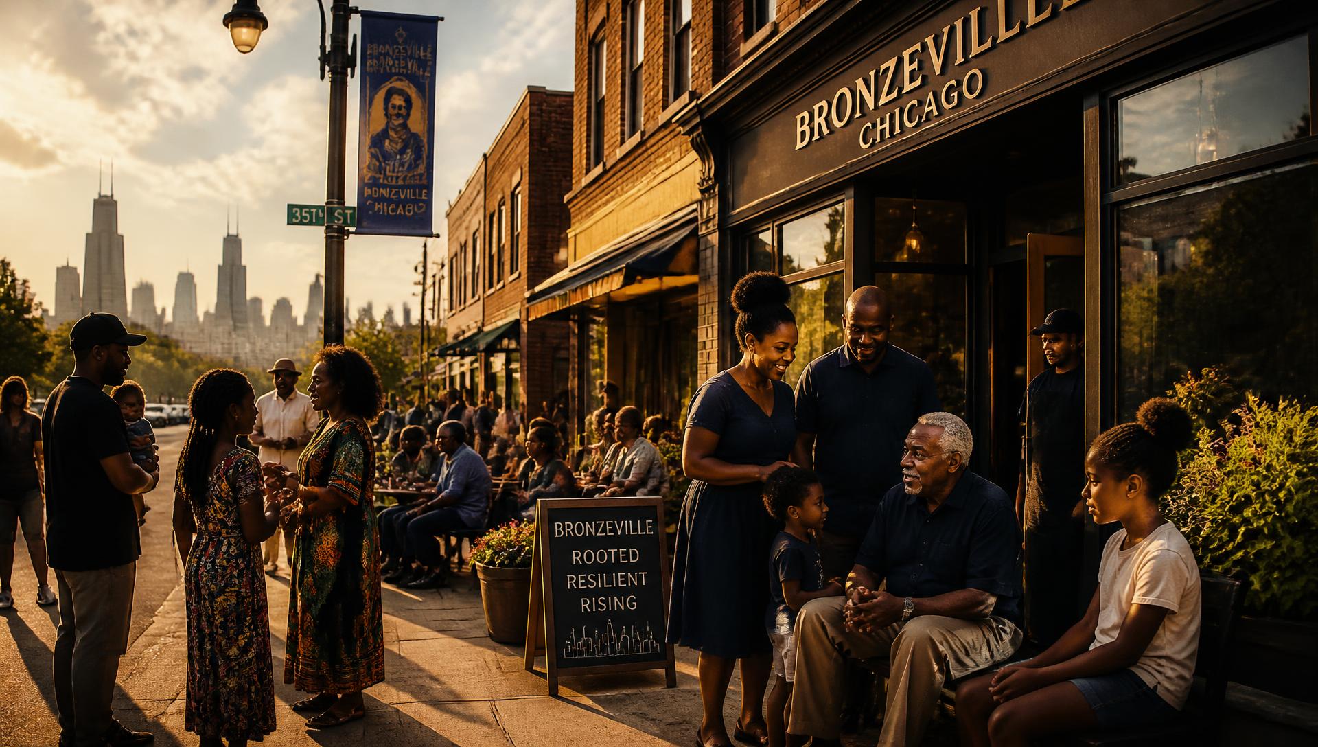 Bronzeville neighbors, families, and business owners gathered on a historic Chicago street at golden hour