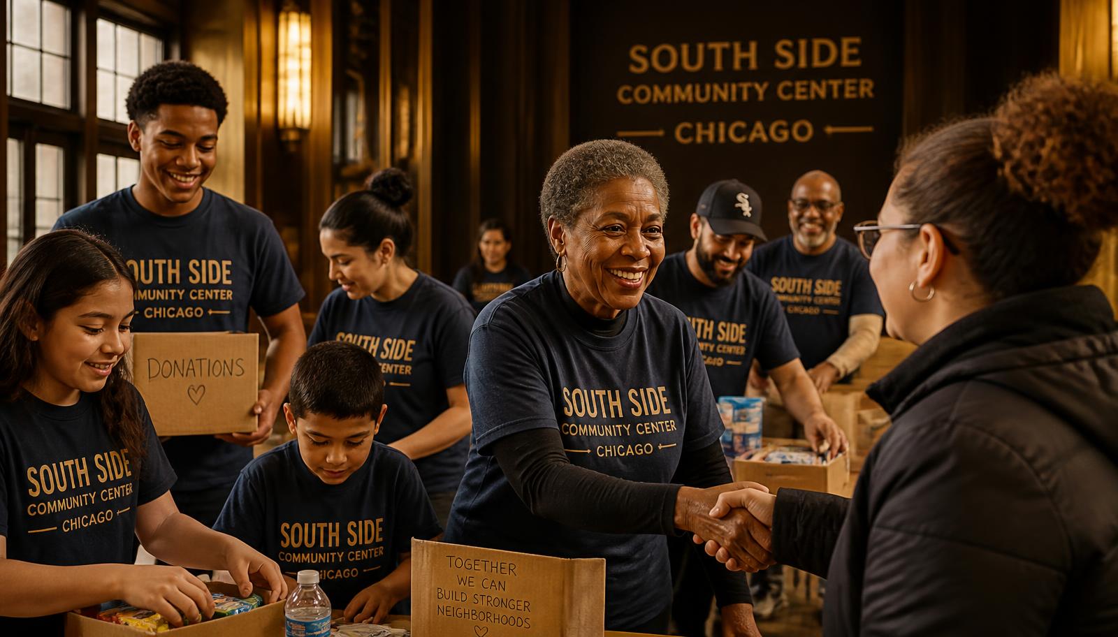 Volunteers greeting neighbors at a community center